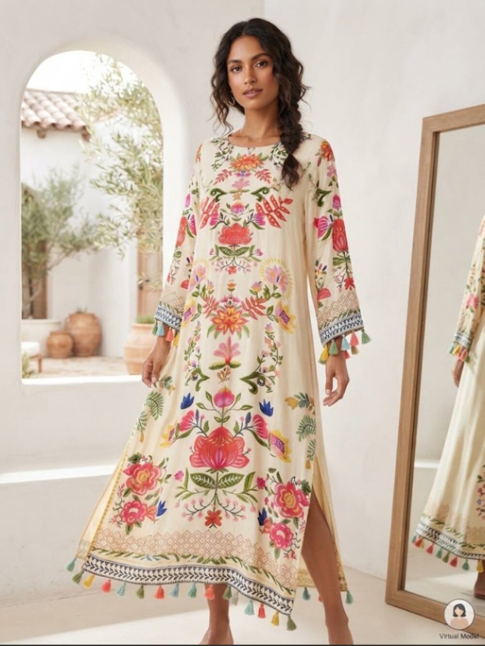 Sanrum Couture Embroidered Tassel Kaftan Maxi Dress- O/S- (Fits M/L)- MSRP ~$400